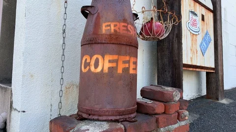 Fresh Coffee sign on a big rusty jar. Stock Footage 130158324