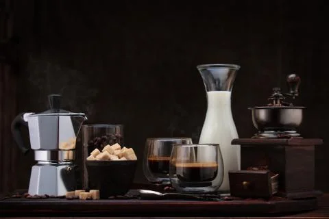 Fresh coffee on table. Stock Photos