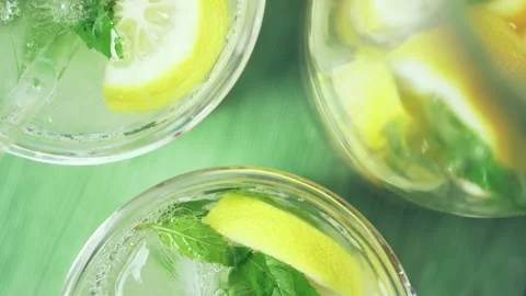 Fresh cold lemonade with mint and ice, top view. Stock Footage 138566003
