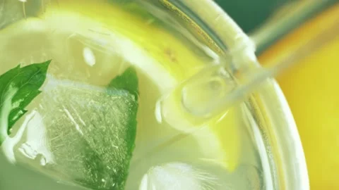 Fresh cold lemonade with mint and ice, top view. Stock Footage 138566169