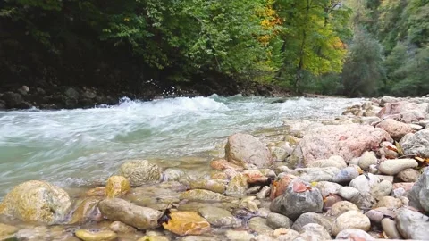 Fresh cold mountain river flowing into the gorge. Stock Footage 163461178