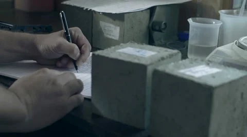 Fresh concrete bricks get tested Stock Footage 62602178