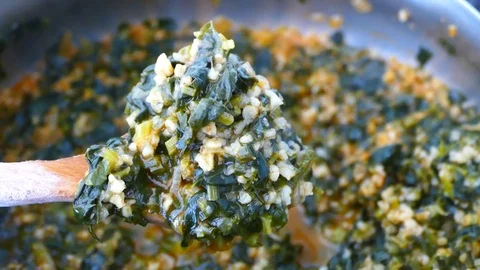 Fresh cooked spinach dinner, vegetable dishes, healthy fresh spinach dinner, Stock Footage 99532000