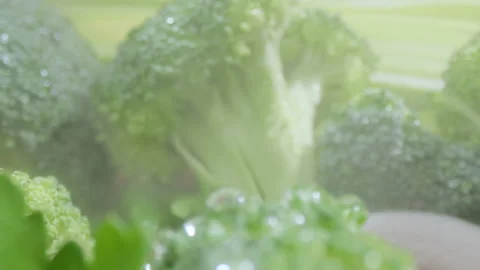 Fresh cooled Broccoli. Raw organic vegetables food. Probe lens shot with Stock Footage 150554338