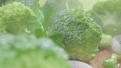 Fresh cooled Broccoli. Raw organic vegetables food. Probe lens shot with Vidéo 150554573
