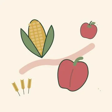 Fresh corn and pepper vegetable arrangement. Decorative flat vector compositi Ilustración de archivo