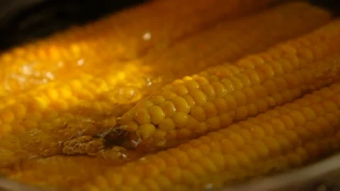 Fresh corn on the cob is boiled in a saucepan. delicious corn lunch. close-up Stock Footage 162446290