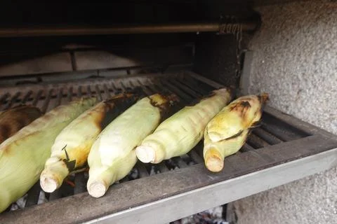Fresh corn on the cob grilling in a brick oven Stock Photos