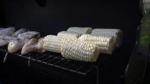 Fresh corn on the cob placed on the grill Video stock 153312763