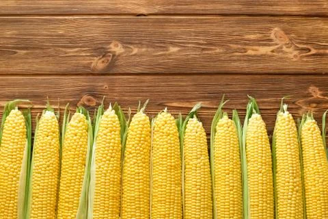 Fresh corn on cobs on rustic wooden table. Top view witn copy space. Stock Photos
