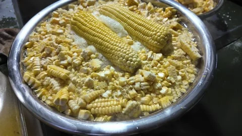 Fresh Corn Paste and Traditional Corn Cakes Prepared at a Street Food Stall.. Stock Footage 340516404