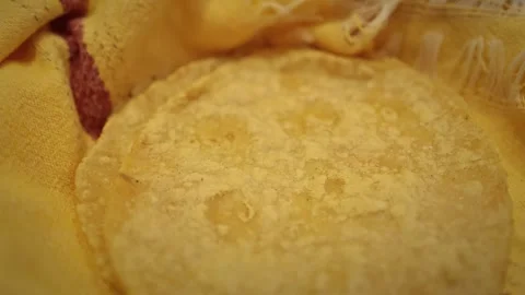 Fresh Corn Tortilla Stack In Cloth Lined Basket For Traditional Meal Prepara Stock Footage 342354364