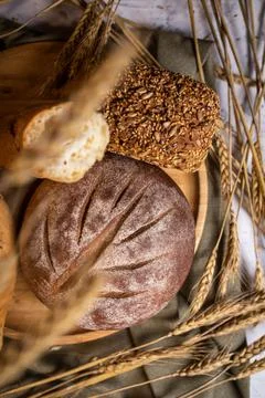 Fresh crispy bread products. composition of bread Stock Photos
