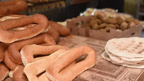 Fresh crispy delicious bread lies on open stall of market. Stock Footage 243170190