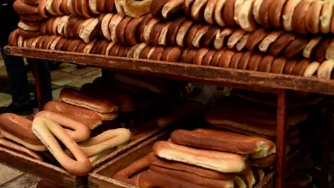 Fresh crispy delicious bread lies on open stall of market. Stock Footage 243170219