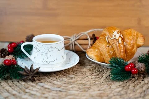 Fresh Croissants and Tea on Rustic Table, Cozy Breakfast Stock Photos