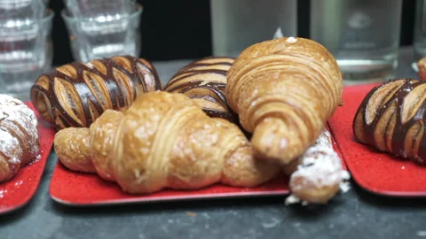 Fresh croissants in a café Stock Footage 280475817