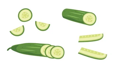 Fresh cucumber set with whole, halved, and sliced pieces Stock Illustration