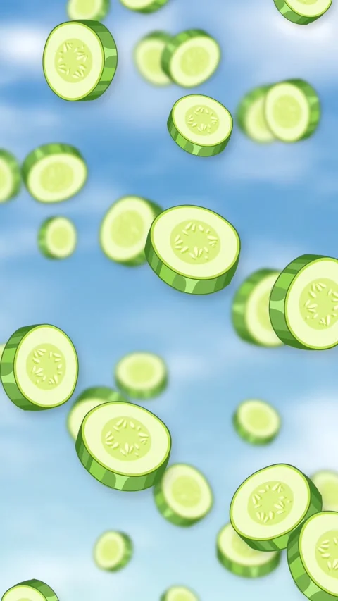 Fresh Cucumber Slices Falling Through Blue Sky with Clouds Stock-Footage 345197662