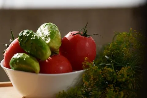 Fresh cucumbers and tomatoes 库存照片