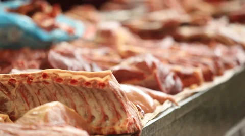 Fresh cut meat lying on the counter Video stock 44300601