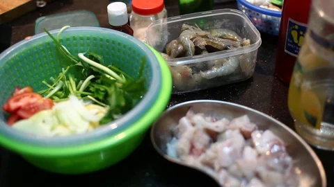 Fresh cuttlefish with vegetable, prepair for dinner Stock Footage 75401675