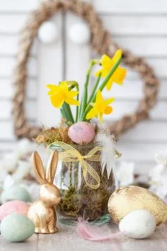 Fresh daffodils and easter eggs Stock Photos