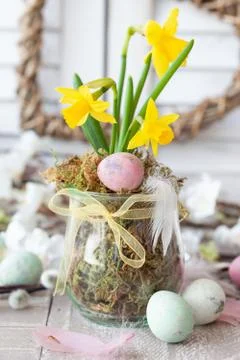 Fresh daffodils and easter eggs Stock Photos