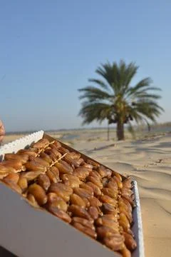 Fresh Dates in Box on Desert Sand with Palm Tree Background Foto stock