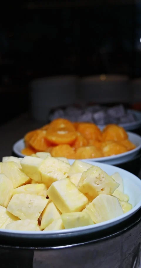 Fresh Diced Pineapple Chunks at Buffet, Healthy Tropical Breakfast and Stock Footage 328931992