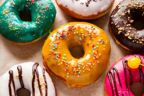 Fresh donuts in a box close up Stock Photos