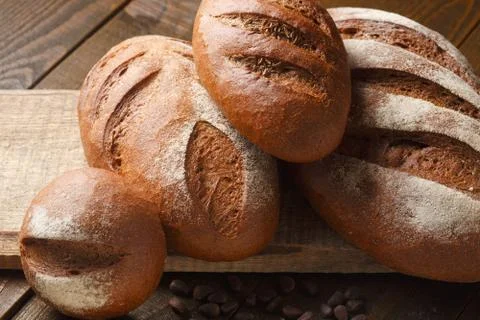 Fresh dough in flour with rye bread 스톡 사진