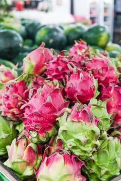 Fresh dragon fruit close up, side, front and top view. This photo is ideal .. Stockfoto's