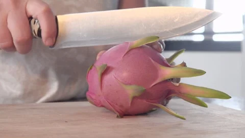 Fresh Dragon Fruit Slicing in 4K – Vibrant Kitchen Scene Stock Footage 304064247