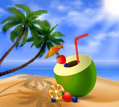 Fresh drinking coconut with a straw Stock Illustration
