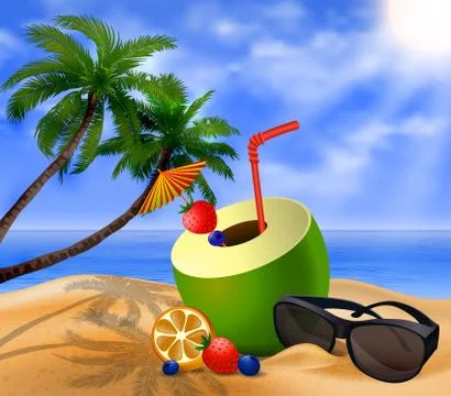 Fresh drinking coconut with a straw Stock Illustration