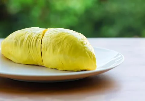 Fresh durian on table Stock Photos