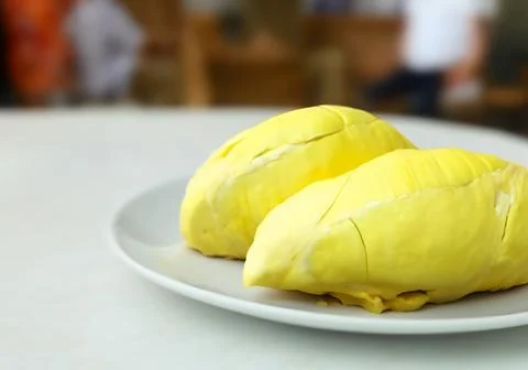 Fresh durian on table Stock Photos