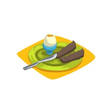 Fresh egg standing on blue egg-cup and two pieces of rye bread on green plate Stock Illustration