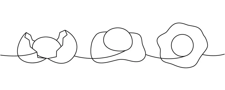 Fresh eggs one line continuous drawing. Boiled eggs, broken eggshell, omelette イラスト素材