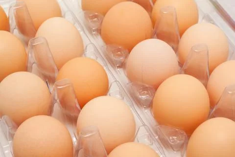 Fresh eggs in a plastic container Stock Photos