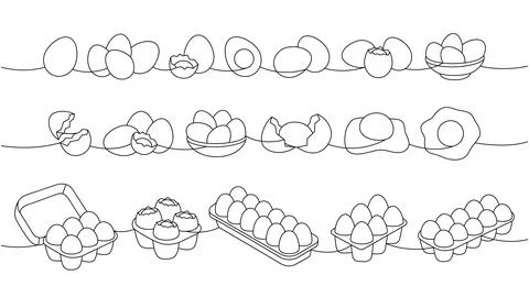 Fresh eggs set one line continuous drawing. Boiled eggs, broken eggshell Stock Illustration