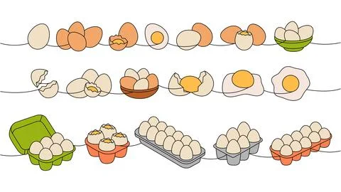 Fresh eggs set one line colored continuous drawing. Boiled eggs, broken eggshell Stock Illustration