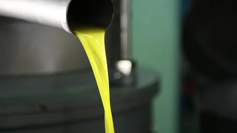 Fresh extra virgin olive oil falling in recipient Stock Footage 140216819