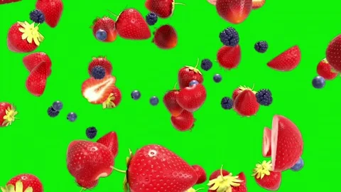 Fresh falling strawberries and mixed berries animation on green screen backg Stock Footage 340995444