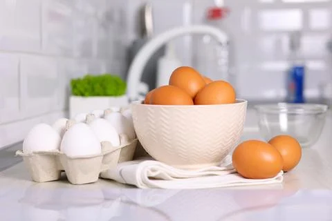 Fresh farm eggs in the kitchen Stock Photos