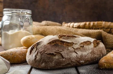 Fresh Farmer rustic style bread with pastry Stock Photos