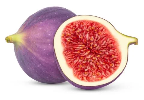Fresh fig fruit and slice isolated. Purple fig and a half with clipping path. Stock Photos