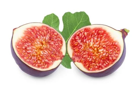Fresh fig half fruit with leaf isolated on white background Foto stock