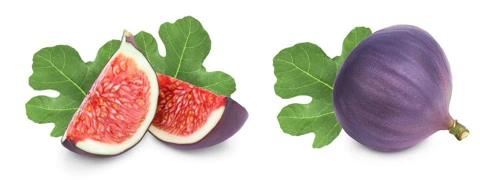 Fresh fig slice fruit with leaf isolated on white background Stock Photos